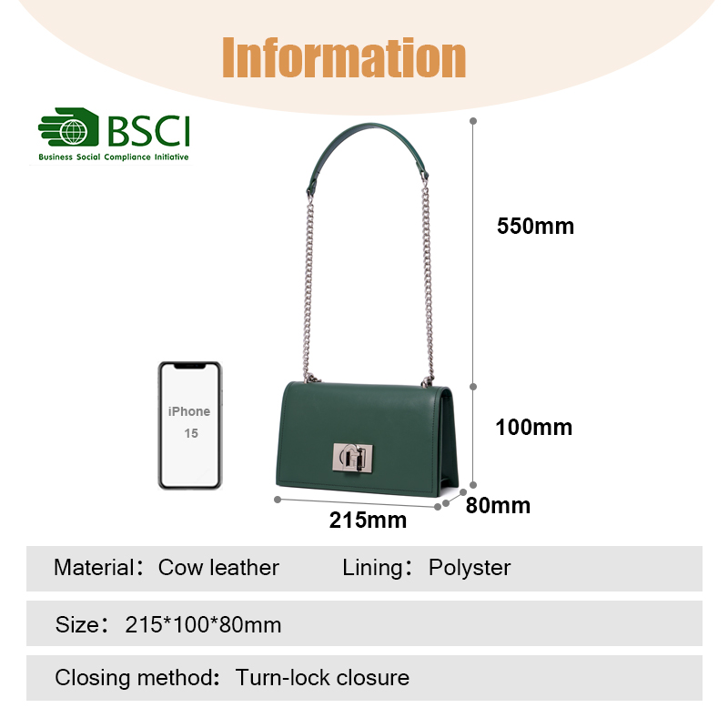 SMALL FASHION DARK GREEN LEATHER CROSS-BODY BAG FOR LADY