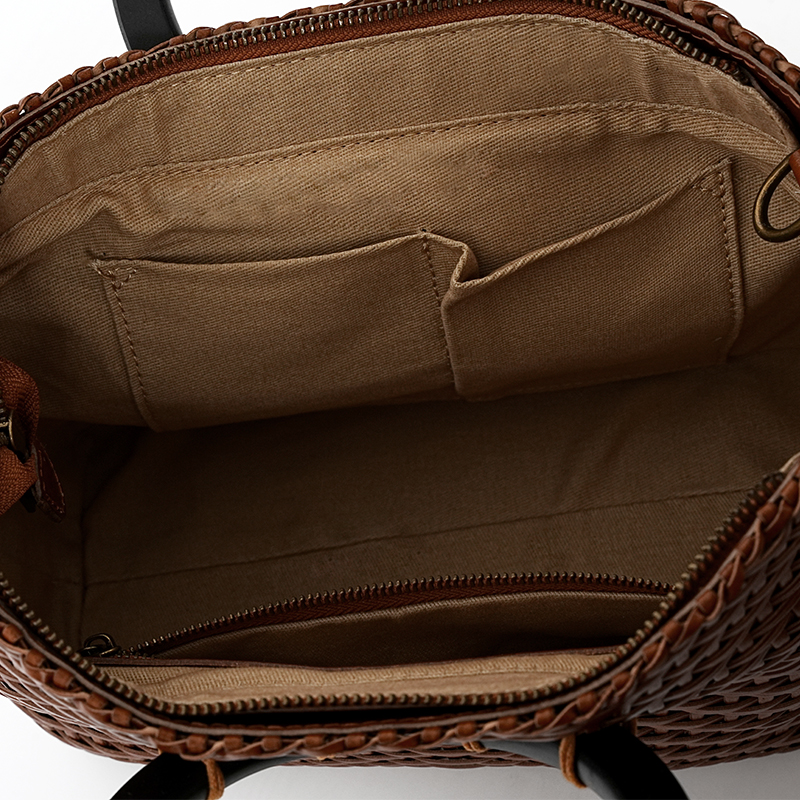 OEM ODM Pastoral Style Genuine Leather Handmade Top Handle Woven Bag 