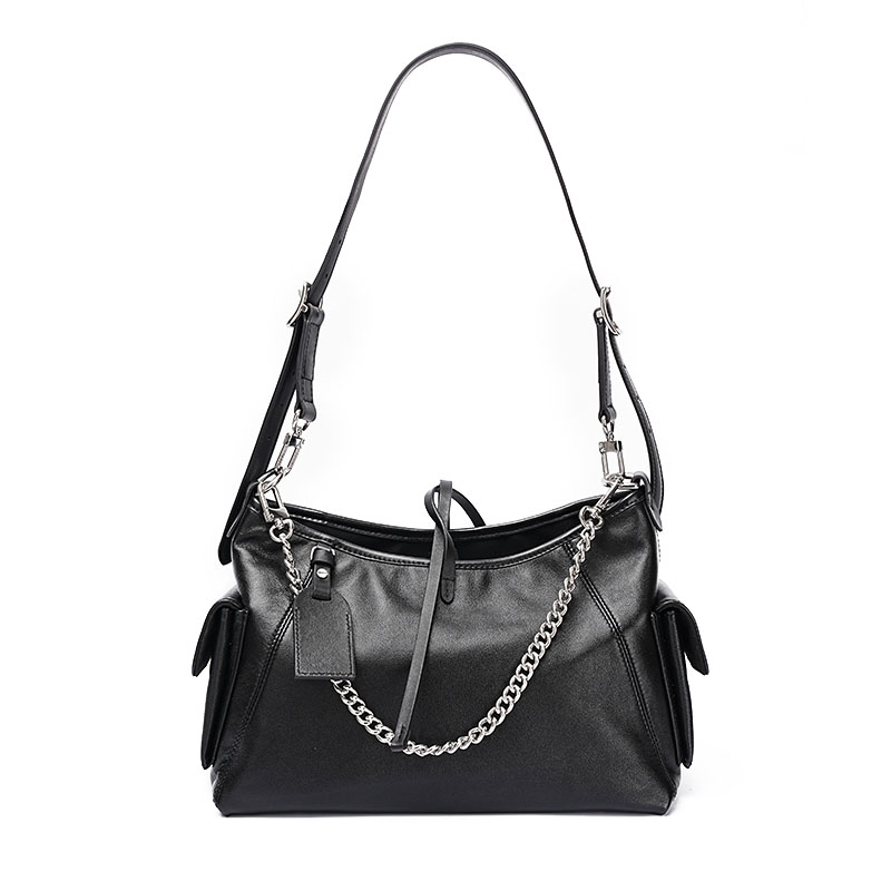 Women's Black Genuine Leather Minimalist Magnetic Tote Bag