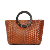 OEM ODM Pastoral Style Genuine Leather Handmade Top Handle Woven Bag 