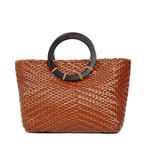 OEM ODM Pastoral Style Genuine Leather Handmade Top Handle Woven Bag 