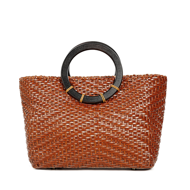 OEM ODM Pastoral Style Genuine Leather Handmade Top Handle Woven Bag 