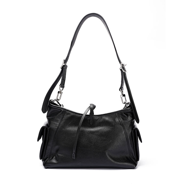 Women's Black Genuine Leather Minimalist Magnetic Tote Bag