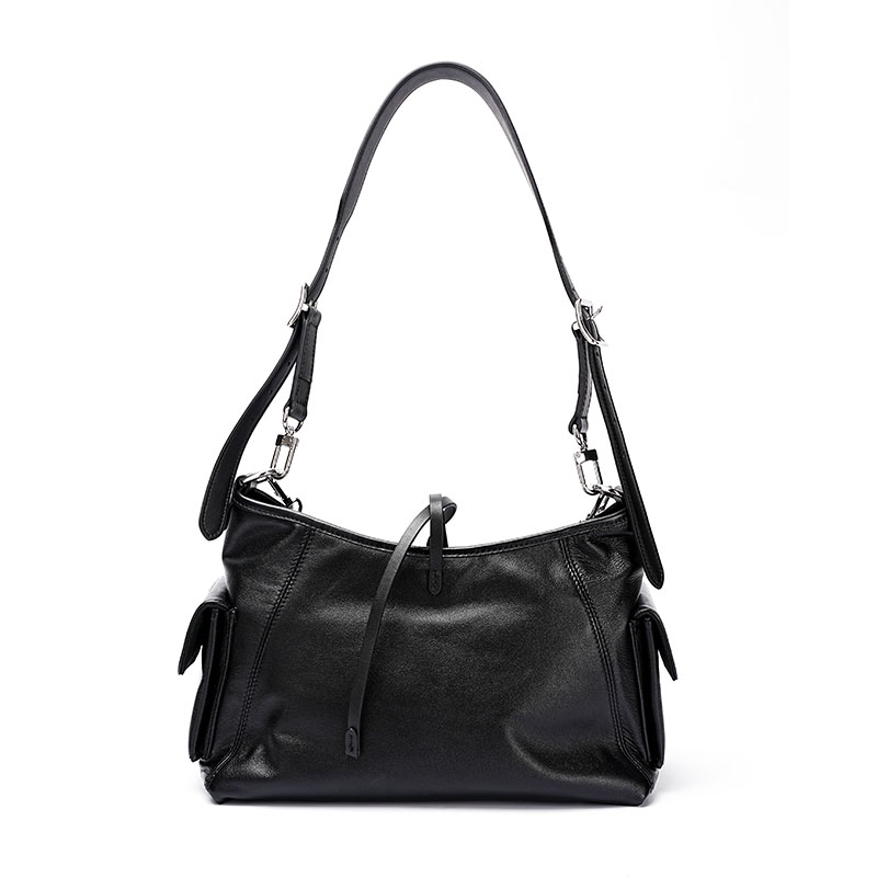 Women's Black Genuine Leather Minimalist Magnetic Tote Bag
