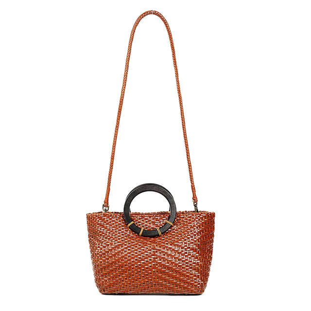 OEM ODM Pastoral Style Genuine Leather Handmade Top Handle Woven Bag 