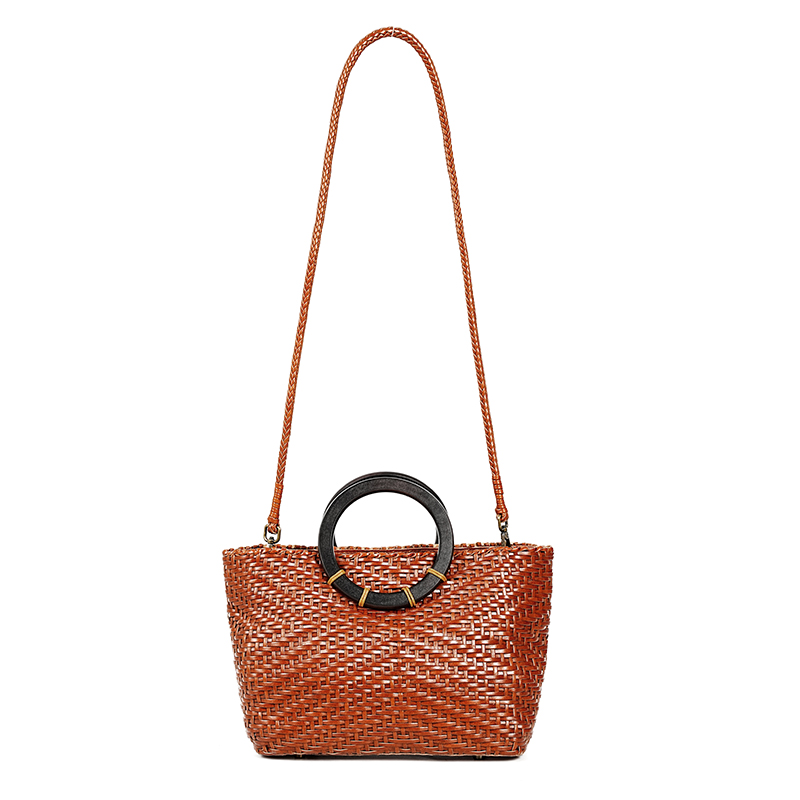 OEM ODM Pastoral Style Genuine Leather Handmade Top Handle Woven Bag 