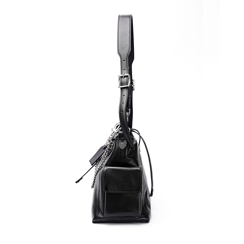 Women's Black Genuine Leather Minimalist Magnetic Tote Bag